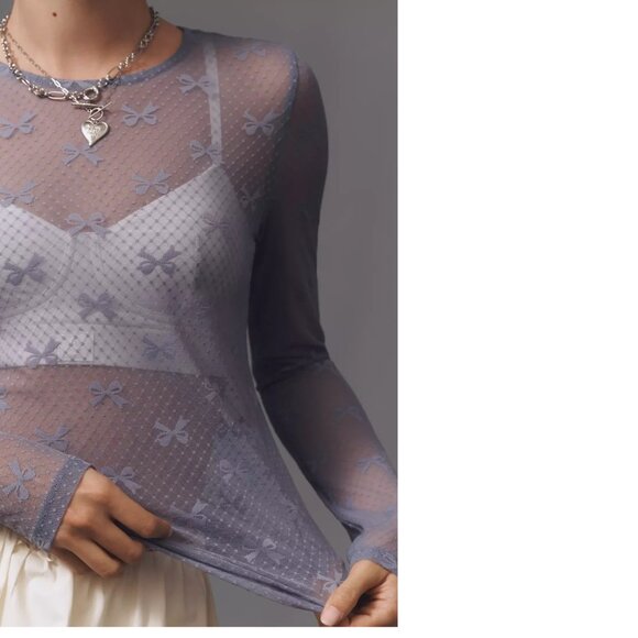 By Anthropologie Long-Sleeve Novelty Lace Top new nwt slate color size S - Picture 4 of 5